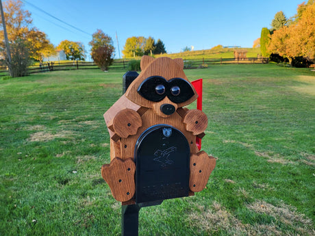 Raccoon Mailbox Amish Handmade, Wooden With metal Box Insert USPS Approved - Made With Yellow Pine Rougher Head - Unique Mailboxes