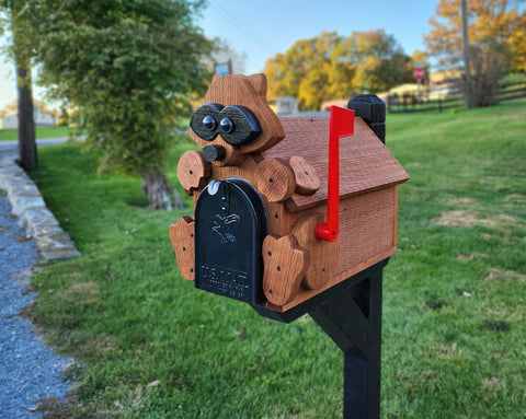 Raccoon Mailbox Amish Handmade, Wooden With metal Box Insert USPS Approved - Made With Yellow Pine Rougher Head
