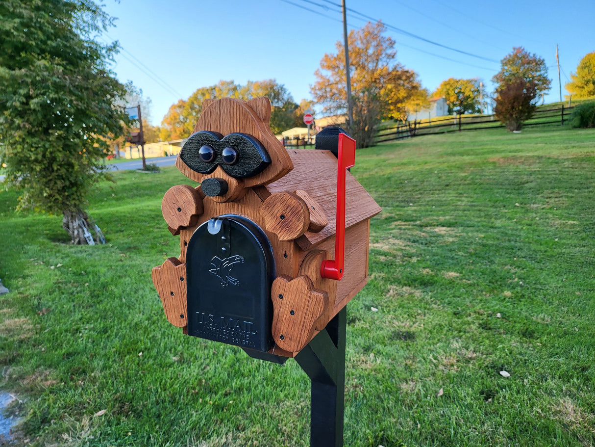 Raccoon Mailbox Amish Handmade, Wooden With metal Box Insert USPS Approved - Made With Yellow Pine Rougher Head - Unique Mailboxes