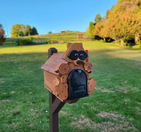 Pine Amish Mailbox Raccoon Design With Metal Insert USPS Approved Mailbox Outdoor - Animal Shape + Cabins