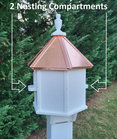 2 Nesting Compartments Amish Handmade Copper Roof Birdhouse With Individual Perches, Duplex 2 Holes Bluebird Songbird Bird House