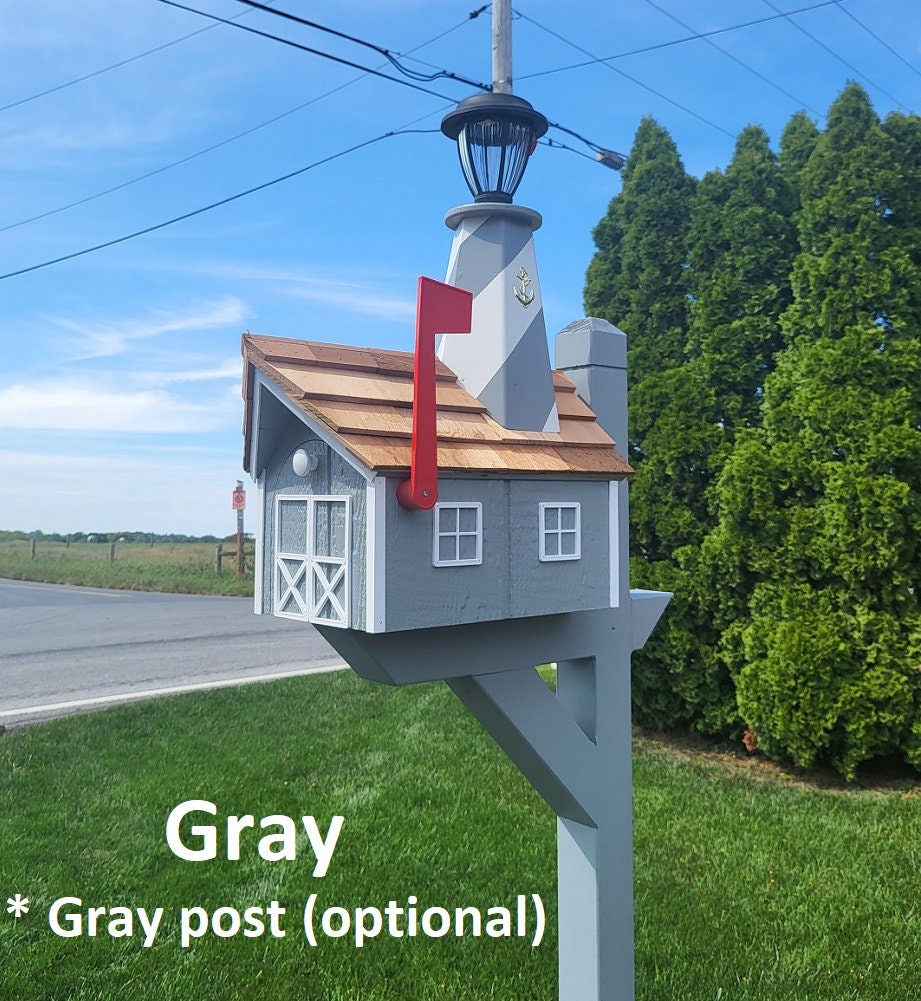 Amish Mailbox - Handmade - With Solar Lighthouse - Wooden - With Cedar Shake Shingles Roof - Color Options - Lighthouse Mailboxes