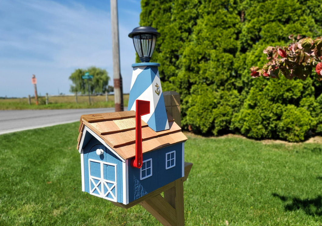 Amish Mailbox - Handmade - With Solar Lighthouse - Wooden - With Cedar Shake Shingles Roof - Color Options - Home & Living:Outdoor & Gardening:Mailboxes