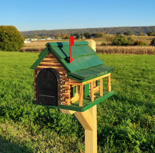 Amish Mailbox - Handmade - Log Cabin Style - Wooden with Metal USPS Approved Mailbox Outdoor - Animal Shape + Cabins