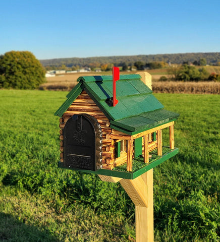 Amish Mailbox - Handmade - Log Cabin Style - Wooden with Metal USPS Approved Mailbox Outdoor