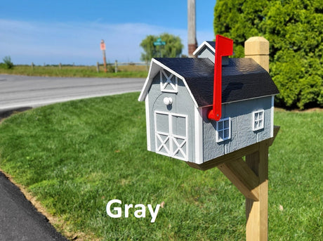 Dutch Barn Amish Handmade Wood Mailbox, Choose Your Color, Amish Mailbox With Red Flag and Black Roof - Dutch Barn