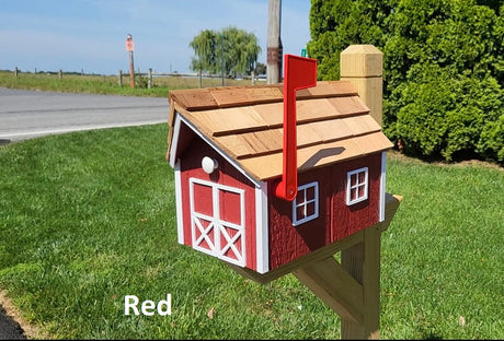 Amish Mailbox - Handmade - Barn Style - Wooden - Tall Prominent Sturdy Flag - Cedar Shake Shingles Roof- Amish Outdoor Mailbox Color Options - Barn Mailboxes Wood