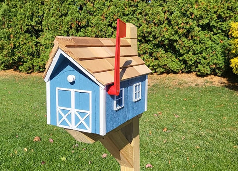 Amish Mailbox - Handmade - Barn Style - Wooden - Tall Prominent Sturdy Flag - With Cedar Shake Shingles Roof - Amish Outdoor Mailbox