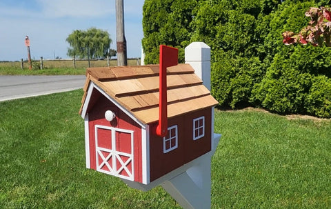 Amish Mailbox - Handmade - Barn Style - Wooden - Tall Prominent Sturdy Flag - Cedar Shake Shingles Roof- Amish Outdoor Mailbox Color Options