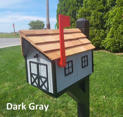 Amish Mailbox Dark Gray - Handmade - Wooden - Barn Style - With a Tall Prominent Sturdy Flag - With Cedar Shake Shingles Roof