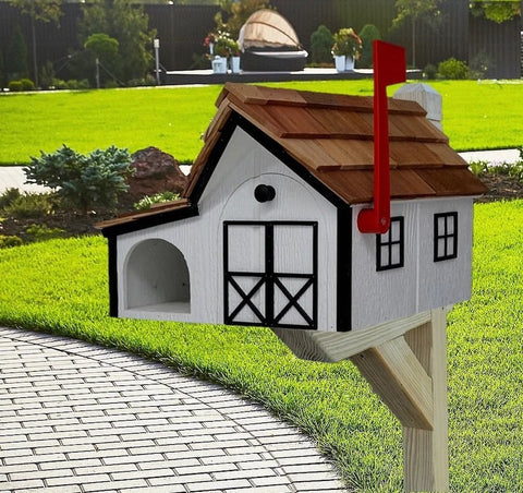 Mailbox with Newspaper Holder Amish Handmade. Wooden Mailbox With Cedar Shake Roof and a Tall Prominent Sturdy Flag