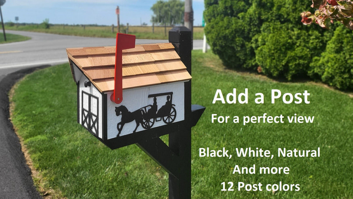 Horse and Buggy Barn Style Amish Mailbox, Handmade With Horse and carriage Design, With Cedar Shake Roof and a Tall Prominent Sturdy Flag - Unique Mailboxes