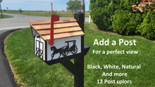 Load image into Gallery viewer, Amish Mailbox Horse and Carriage Design Handmade horse and Buggy Barn Style Wooden Mailbox With Tall Prominent Sturdy Flag and Cedar Roof
