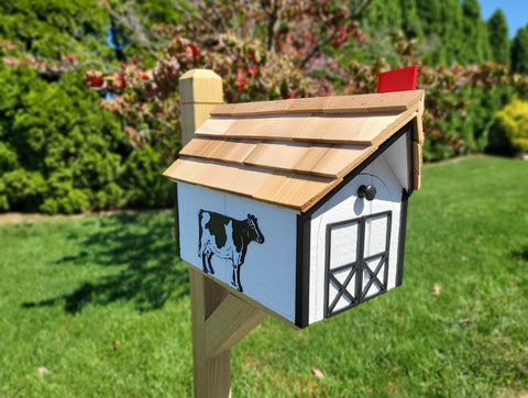 Cow Design Amish Mailbox, Handmade Barn Style Wooden Mailbox With Tall Prominent Sturdy Flag and Cedar Roof