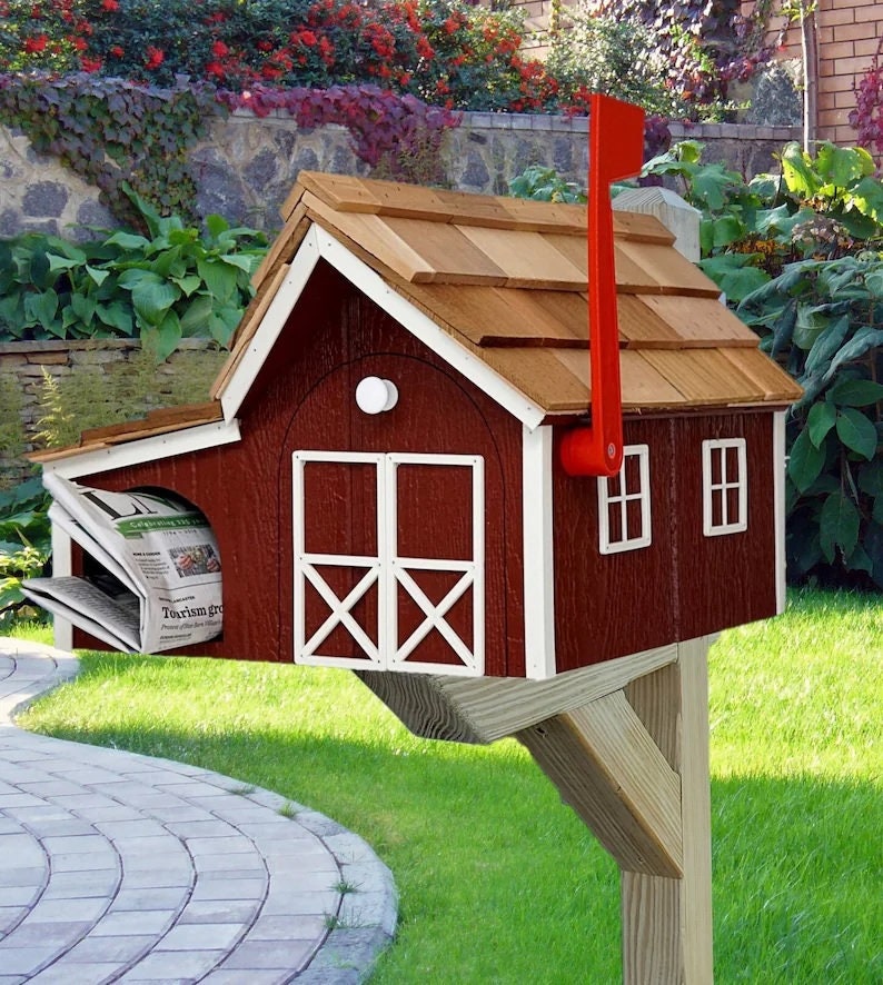 Barn Mailbox with Newspaper Holder Amish Handmade. Wooden Mailbox With Cedar Shake Roof and a Tall Prominent Sturdy Flag - Unique Mailboxes