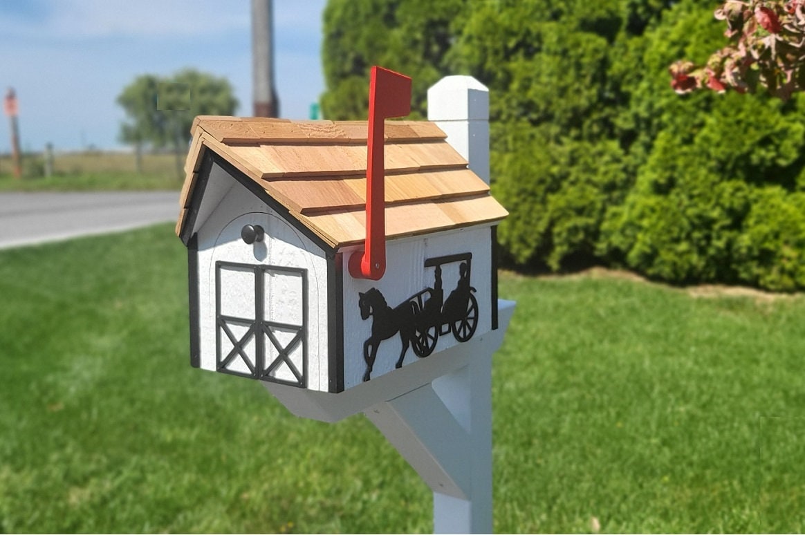 Horse and Buggy Barn Style Amish Mailbox, Handmade With Horse and carriage Design, With Cedar Shake Roof and a Tall Prominent Sturdy Flag - Unique Mailboxes