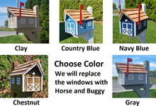 Load image into Gallery viewer, Amish Mailbox Horse and Carriage Design Handmade horse and Buggy Barn Style Wooden Mailbox With Tall Prominent Sturdy Flag and Cedar Roof
