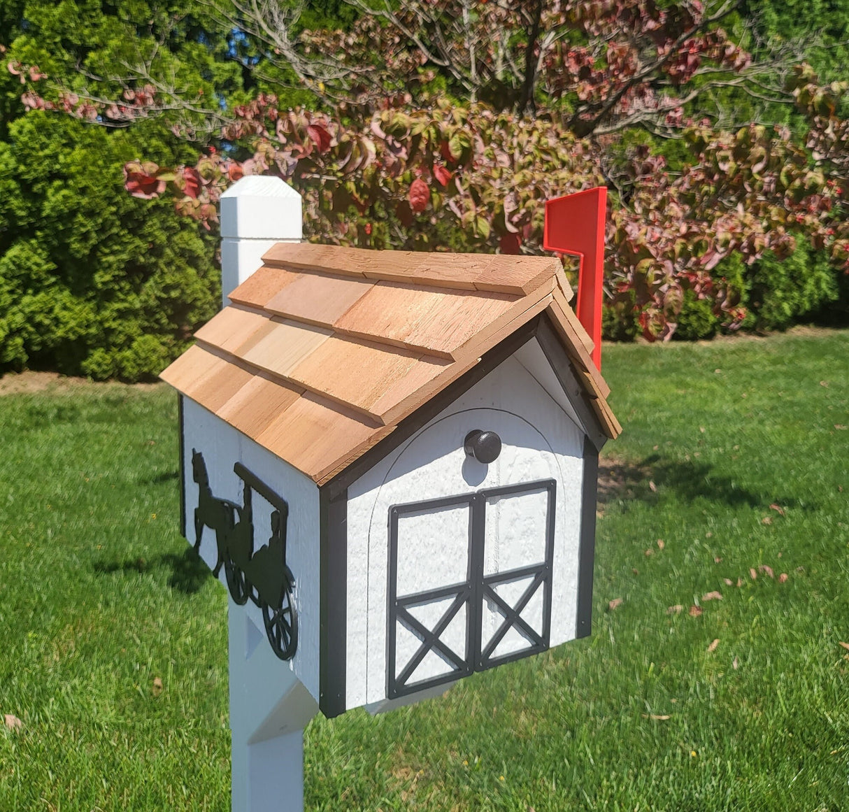 Amish Mailbox Horse and Carriage Design Handmade horse and Buggy Barn Style Wooden Mailbox With Tall Prominent Sturdy Flag and Cedar Roof - Barn Mailboxes Wood