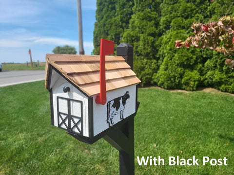 Amish Mailbox Cow Design Handmade Barn Style Wooden Mailbox With Tall Prominent Sturdy Flag and Cedar Roof