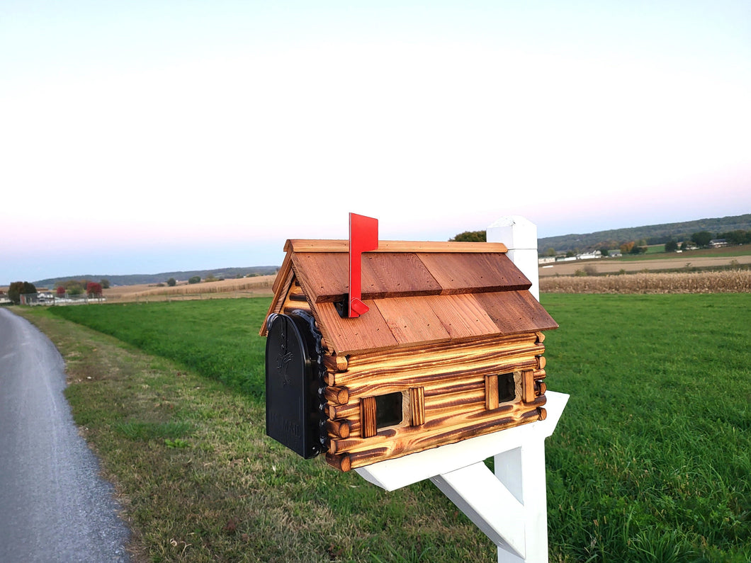 Log Cabin Amish Mailbox Handmade Wooden With Cedar Shake Roof and Metal Box Insert